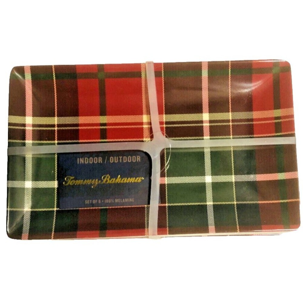 Tommy Bahama Christmas Plates Tartan Plaid Melamine Dessert App Side Set of 6